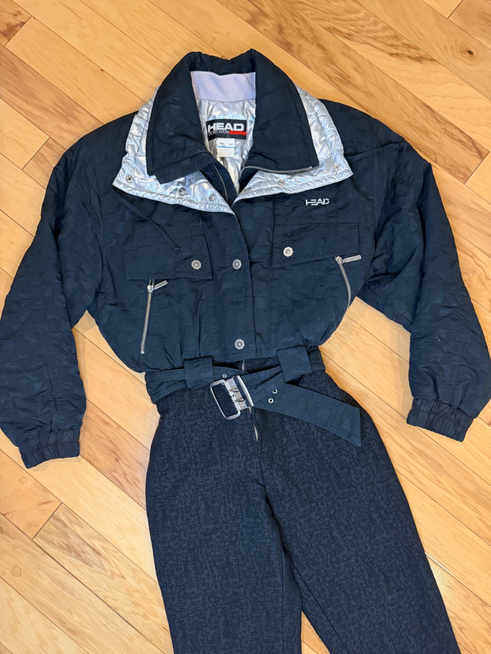 VTG Head Ski Suit One Piece Black Silver Metallic 80/90s Belted Stirrup Snowsuit
